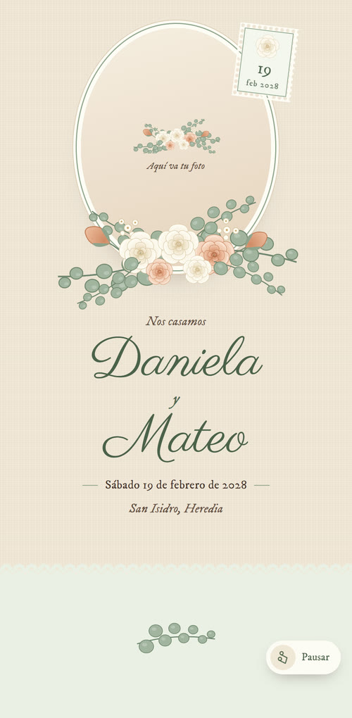 Ejemplo de invitación de boda en lino, terracota y salvia: un marco ovalado con ramo de rosas y eucalipto dibujado, y una estampilla con la fecha.