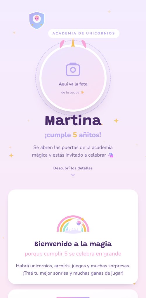 Ejemplo de invitación de cumpleaños infantil con temática de academia de unicornios, en lila y dorado, con el espacio rotulado donde va la foto.