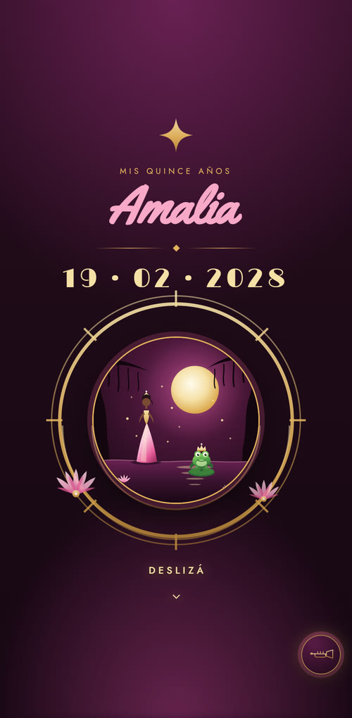 Ejemplo de invitación de XV años con temática del bayou: una princesa y un sapo con corona bajo la luna, dentro de un marco déco dorado sobre fondo ciruela.